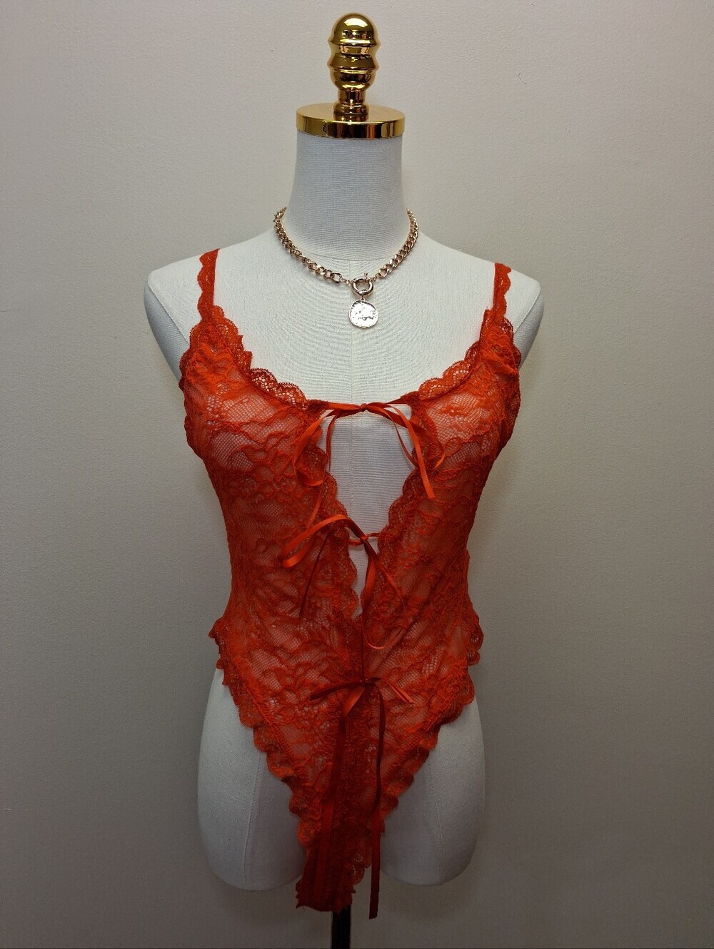 Edikted Orange Lace Tie Front Bodysuit Sheer Teddy NWT Size Medium